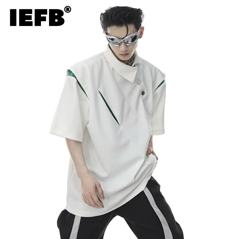 IEFB Men's Wear Summer Irregular Lapel Short Sleeve T-shirt Niche Segment Deconstructed Metal Button Design High Street 9C197