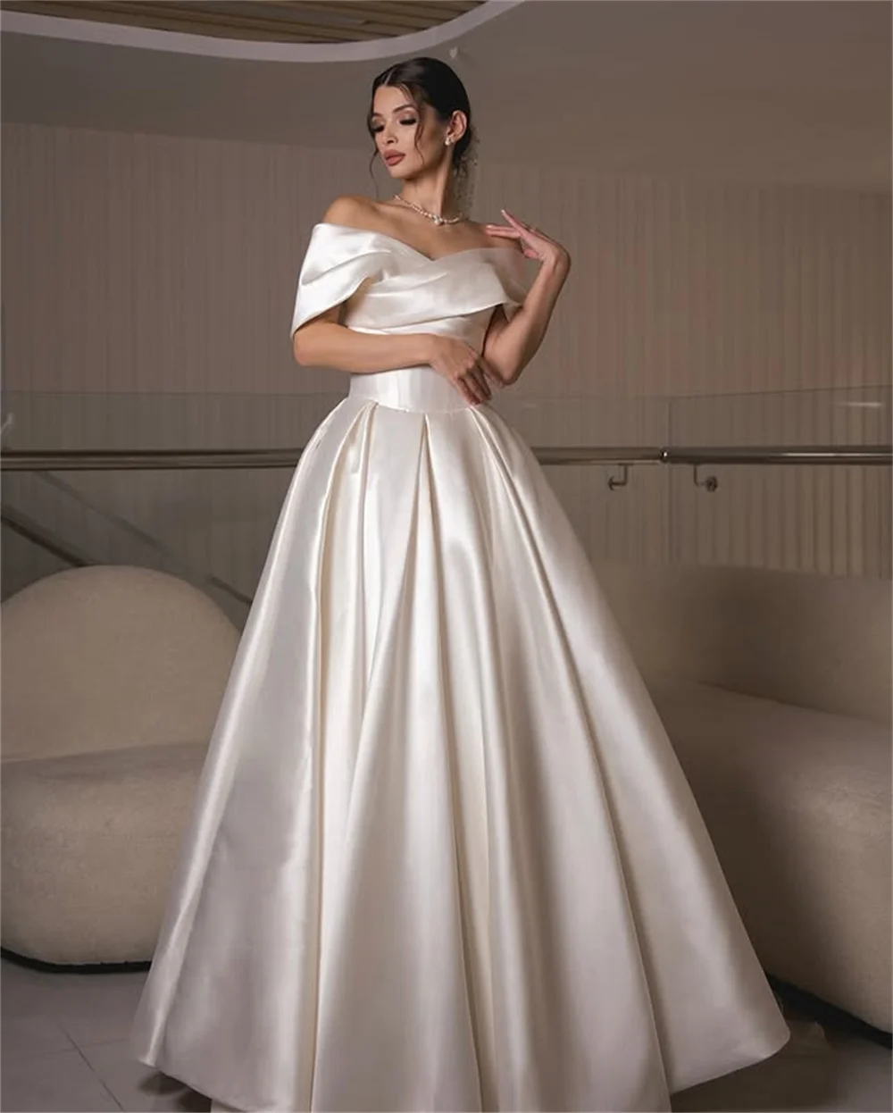 Simple Off The Shoulder Pleat Sweetheart Satin A Line Wedding Dresses Custom Made Vestido De Noival