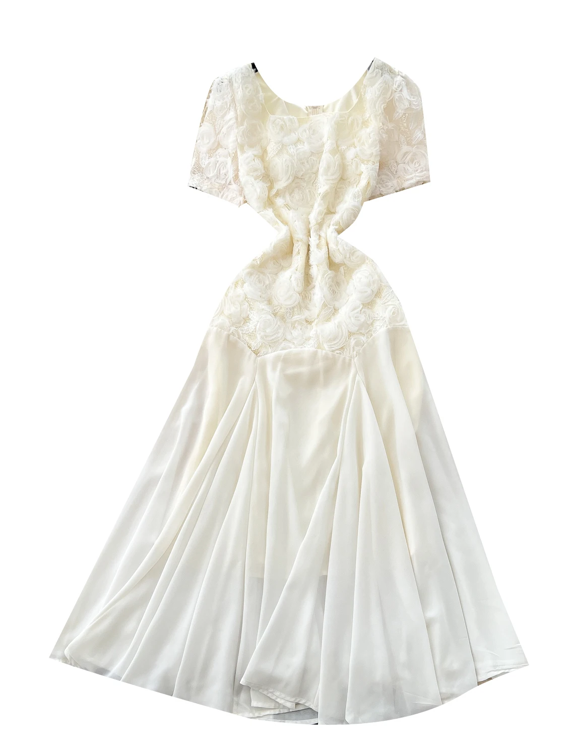 Vestido e de cintura alta con mangas de burbujas y diseño de empalme floral estilo coreano vestido midi de manga corta...