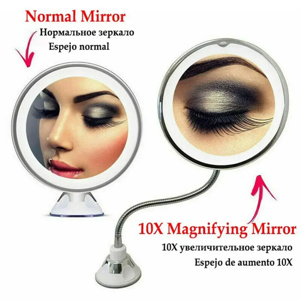 Wall-montado espelho de maquiagem com luz LED, iluminado ferramenta de ampliação, vaidade flexível, rotação de 360 graus, banheiro