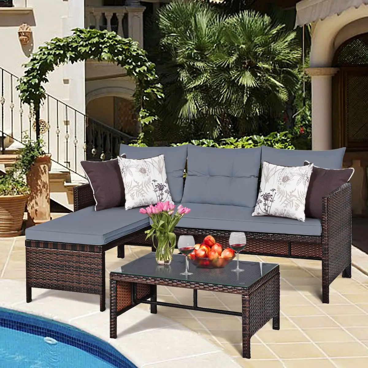 Outdoor Wicker Sofa Set w/Washable Cushion & Glass Table, Rattan Garden Backyard Furniture, Grey, Customized