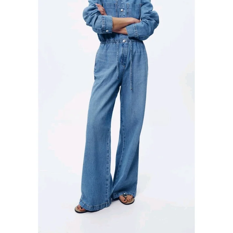 

Adjustable Waist One-Piece Overalls Women's Long Sve Collared ket Detail Wide Leg Jeans Sle High Waist Long Pants