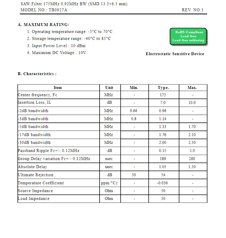 (1 Piece )Tb0927A 175Mhz 0.92Mhz Bw New Original Filter