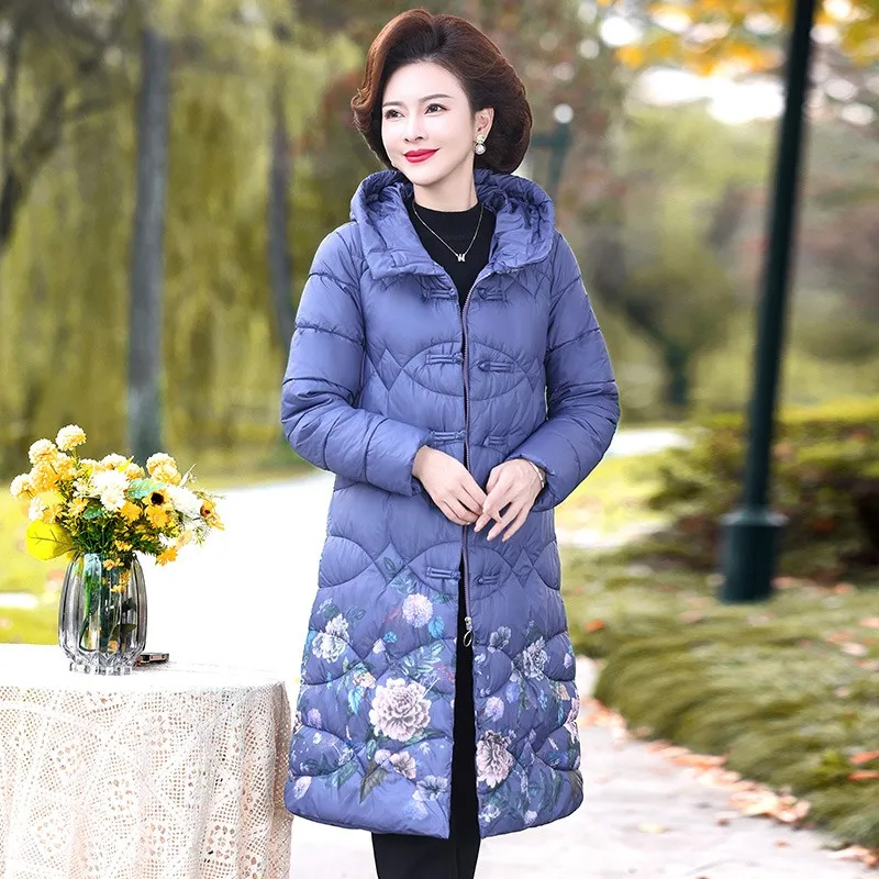 Winter Women Long Hooded  printing Down Cotton Jacket  Winter Femme Thickened Warm Padded Coat Female Down Jacket Overcoat