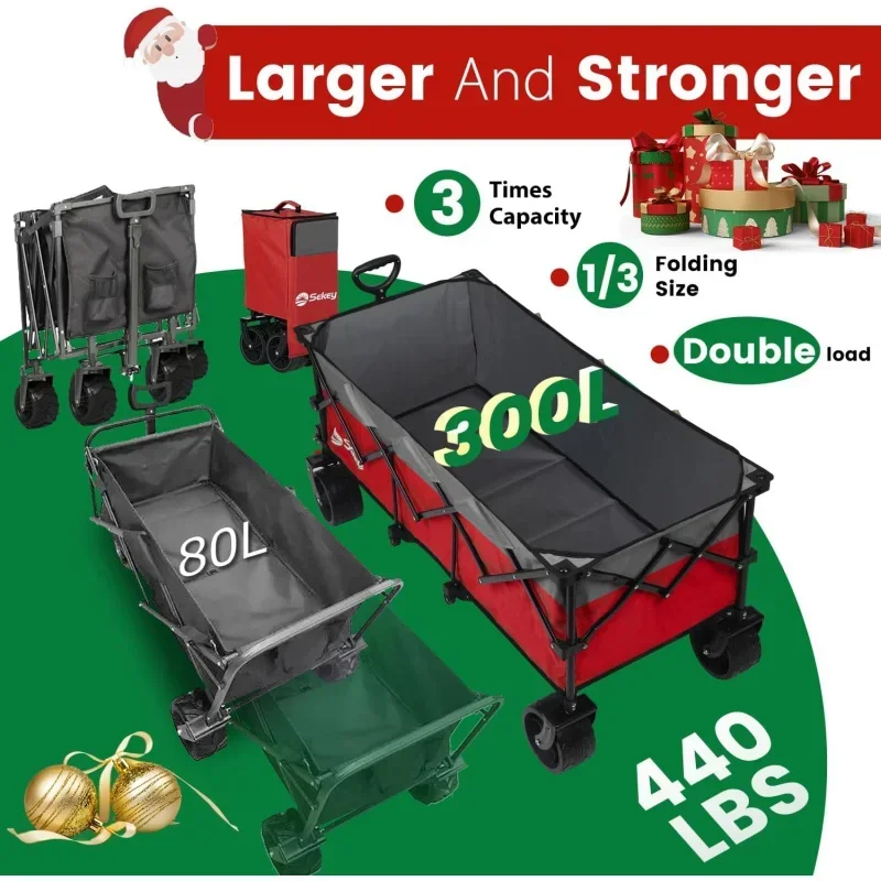 48''L Collapsible Foldable Extended Wagon with 440lbs Weight Capacity, Heavy Duty 300L Folding Utility Garden Cart