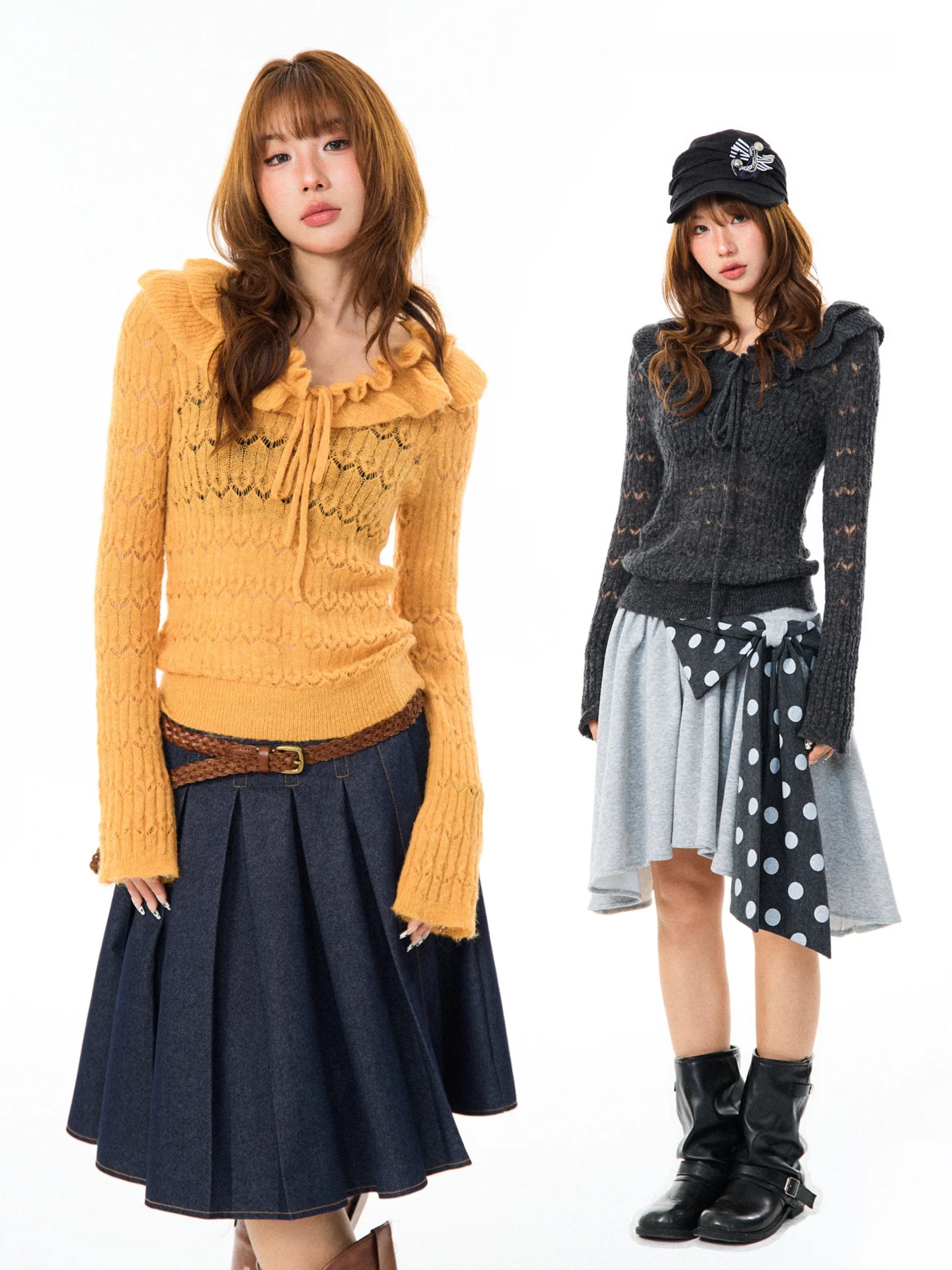 Young Stage Korean Style Wood Grain  Hollow out Knitted Sweater Women Early Autumn Lazy Waist Cinched Slim Long Sleeve Top