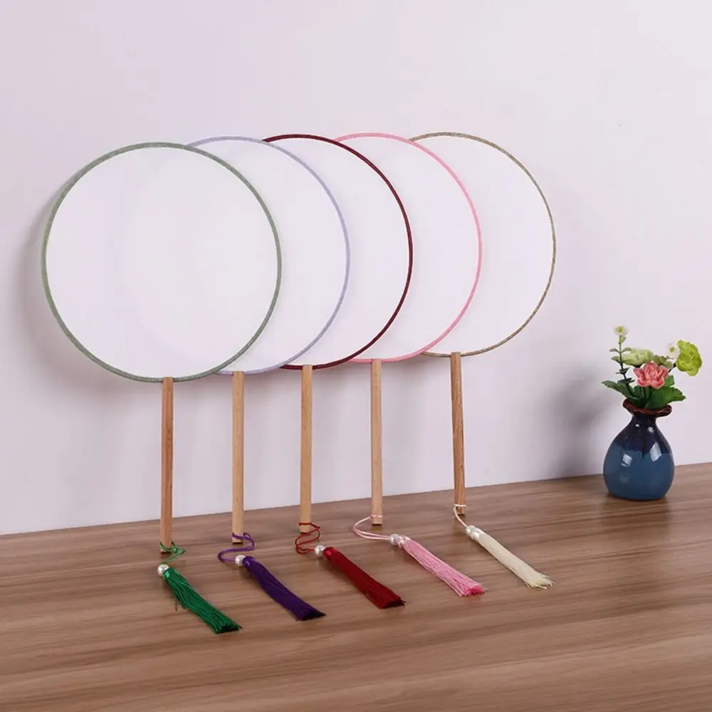 Vintage Blank Round Hand Fan Chinese Style Unfinished Art Painting Fans Embroidery with Tassel Dance Fan Home Decoration