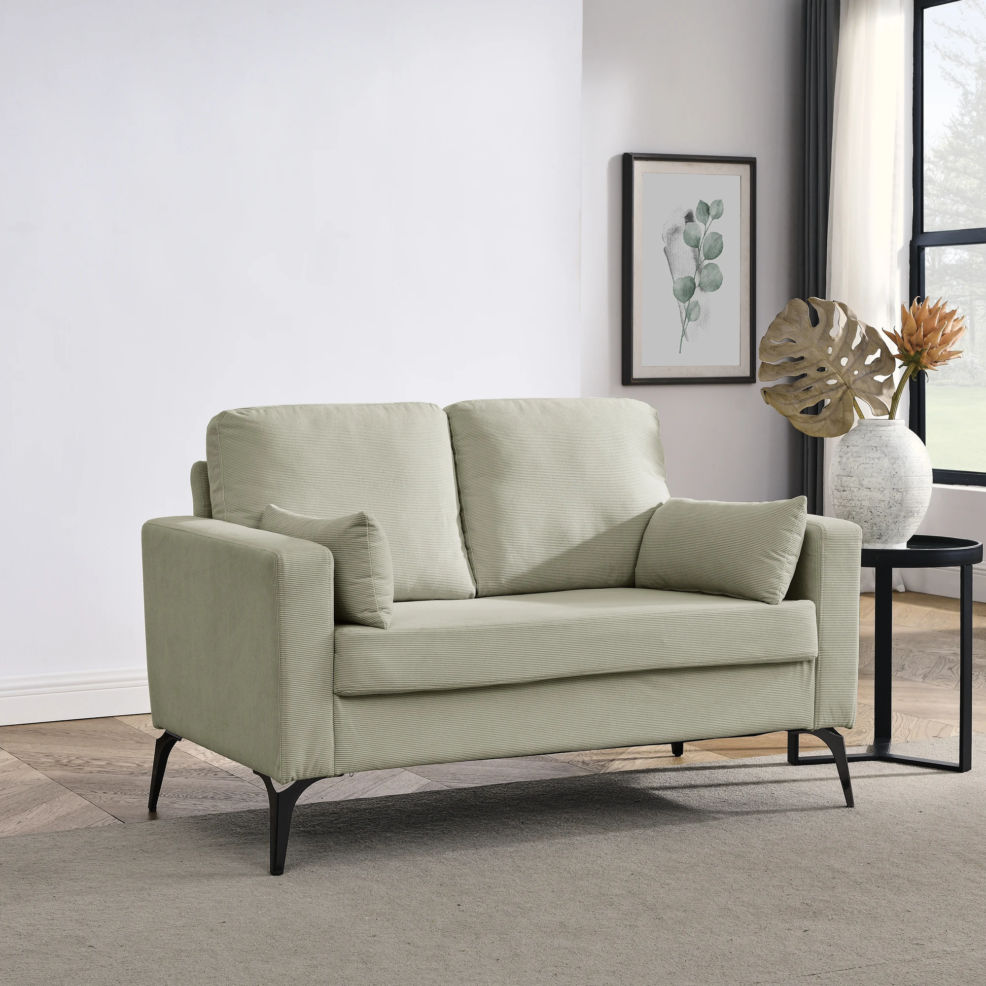 

Loveseat Sofa with Square Arms and Tight Back – Includes Two Small Pillows, Corduroy Beige, for Living Room