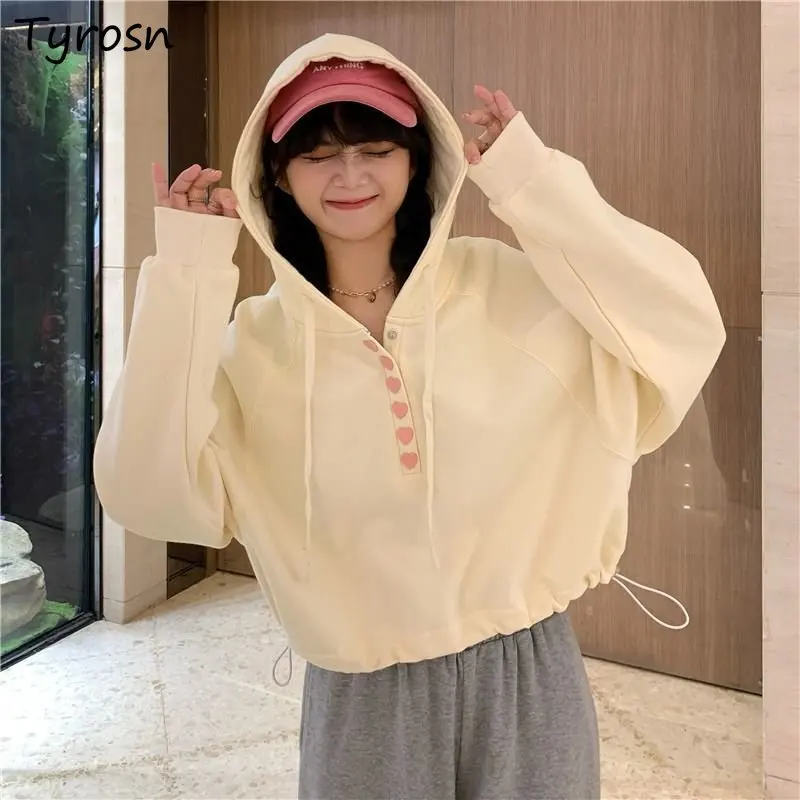 

Hoodies Women Solid Sweet Simple Fashion Loose Korean Style Spring Students All-match Leisure Daily Design Preppy Elegant Button