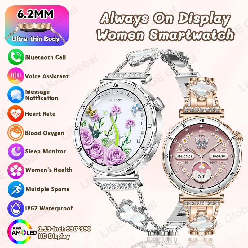

LIGE New Fashion Women Diamond Watch 6.2mm Ultra-Thin 1.19" AMOLED Heart Rate Blood Oxygen BT Call Smartwatch Always On Display