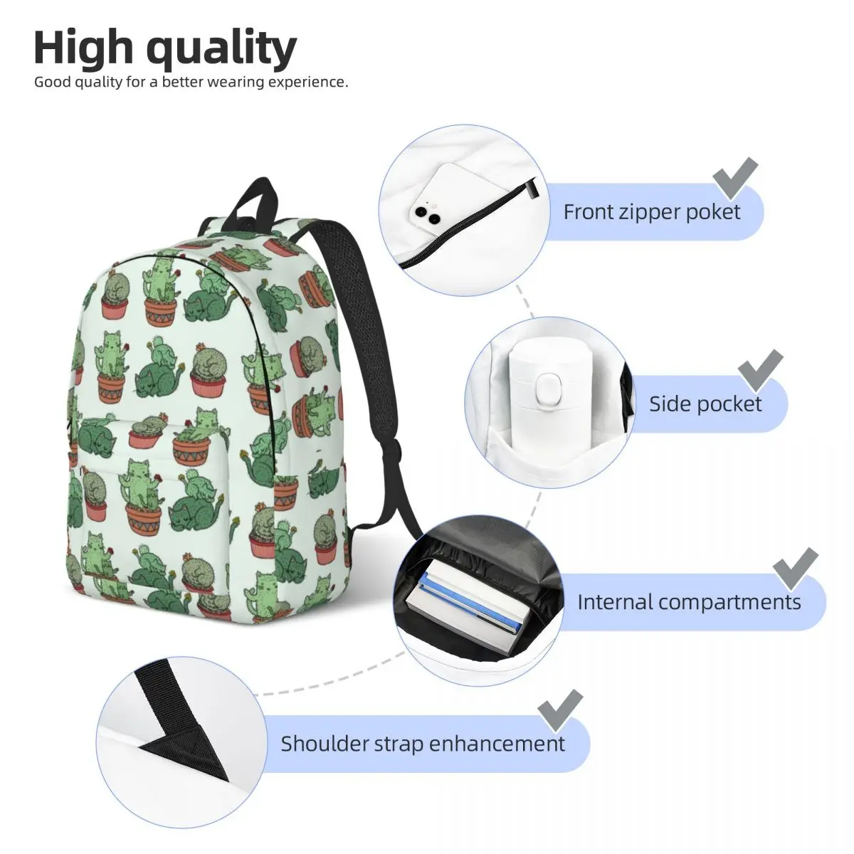 Cactus Cat Backpack Middle High College School Student Animals Pet Book Bags Teens Canvas Daypack Gift