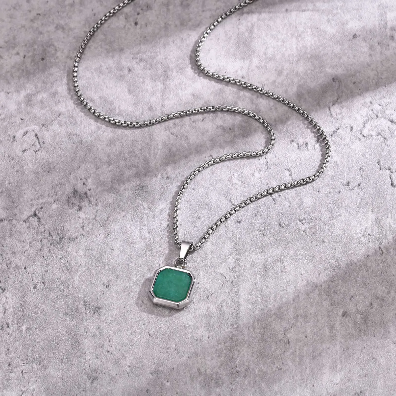 Mprain bow Herren quadratische Naturstein Halsketten, wasserdichter geometrischer Edelstahl Anhänger Kragen mit Box Kette Geschenke Schmuck – Detail 8