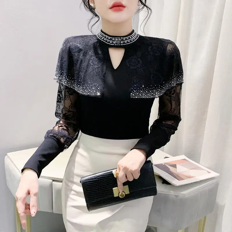 #7495 Black Lace T Shirt Women Hollow Out Sexy Vintage Long Sleeve T Shirt Female Diamonds Half High Collar Split Joint Ruffles