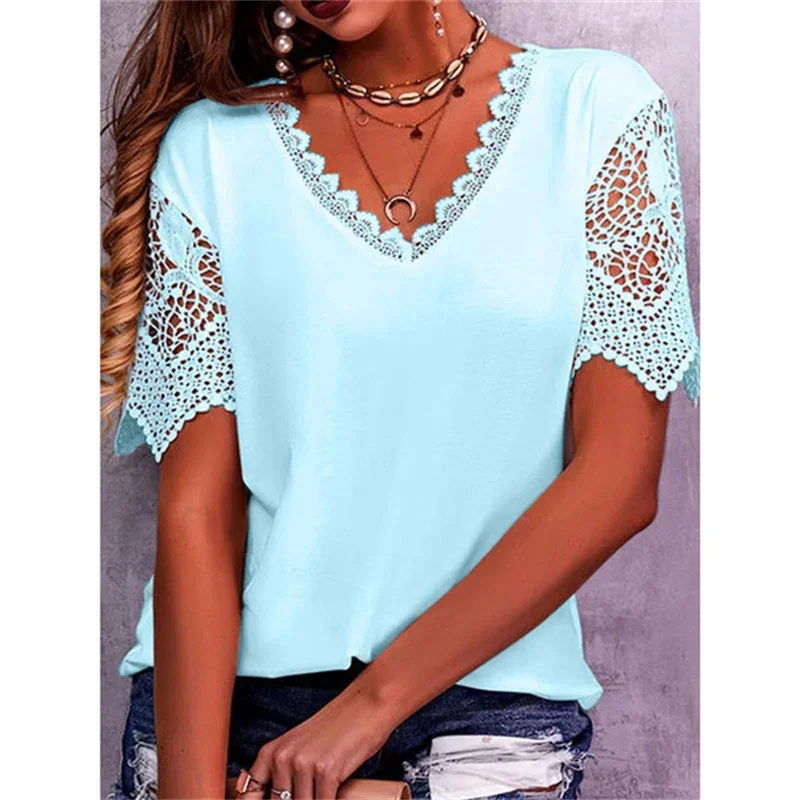 Spring Summer Women Shirts Elegant Hollow Out Lace Short Sleeve V-neck Casual Chic Oversized Blouses Solid Color Streetwear Top