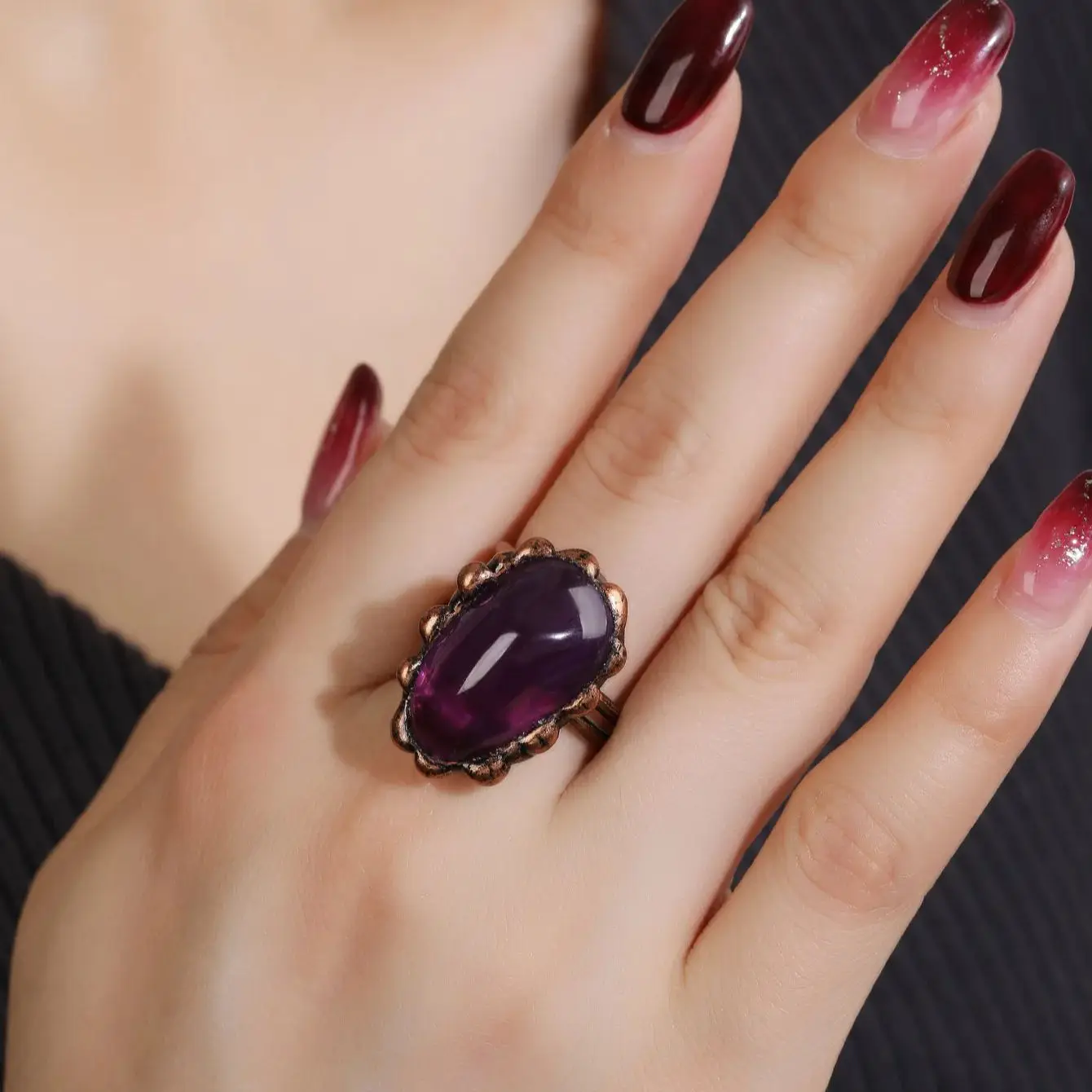 

YEEVAA Vintage Style Uruguayan Amethyst Punk Ring Healing Crystal Stone Adjustable Open Wide Gemstone Ring Jewelry Gift