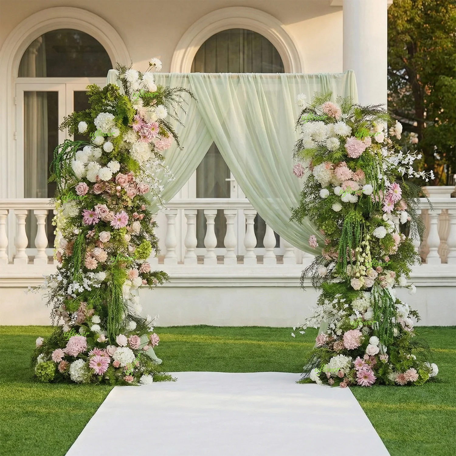 Uflower Greenery Pink White Rose Gydrangea Floral Row Arrangement Outdoor Wedding Backdrop Horn Arch Flower Party Event Prop