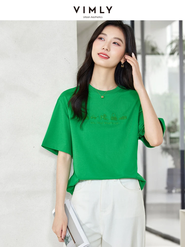 VIMLY Women's Simple Commuter Casual Solid Short Sleeve T-Shirt Summer New 3D Embroidery Shirt Versatile 100%Cotton Blouse Tops