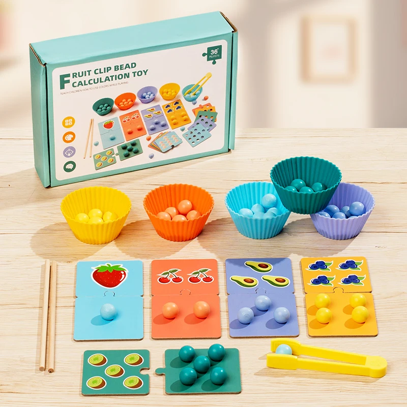 Clipe de frutas de madeira grânulo cálculo brinquedo matemática aprendizagem grânulo jogo educacional número correspondência quebra-cabeça colorido grânulo contagem toygift