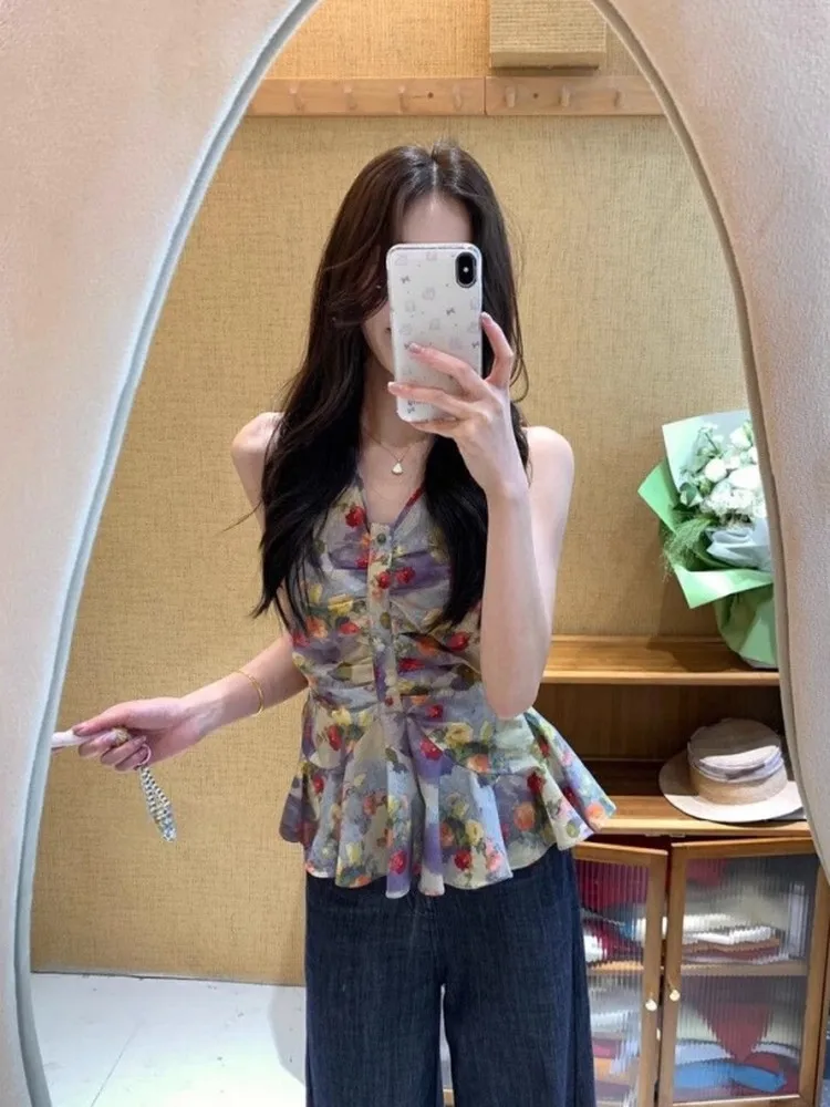 Summer Floral Print V-Neck Sleeveless Tank Top Women's Atmosphere Feeling Clothing Retro Vintage Style Breathable Outerwear