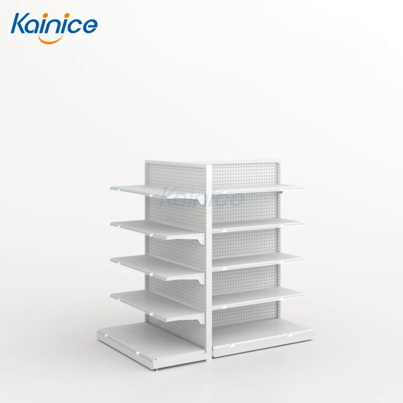 

Стеллажи для супермаркетов Customized.Kainice: перфорированные, из нержавеющей стали, белые гондольные стеллажи для торговых центров, для чипсов и орехов