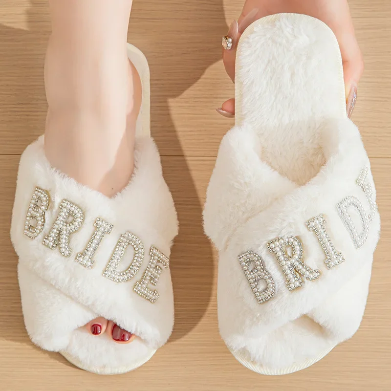 Pearl Letter Bride Cross-border Popular Women's Slippers Single Bride Party Wedding Plush Slippers Summer Tpr Outsole