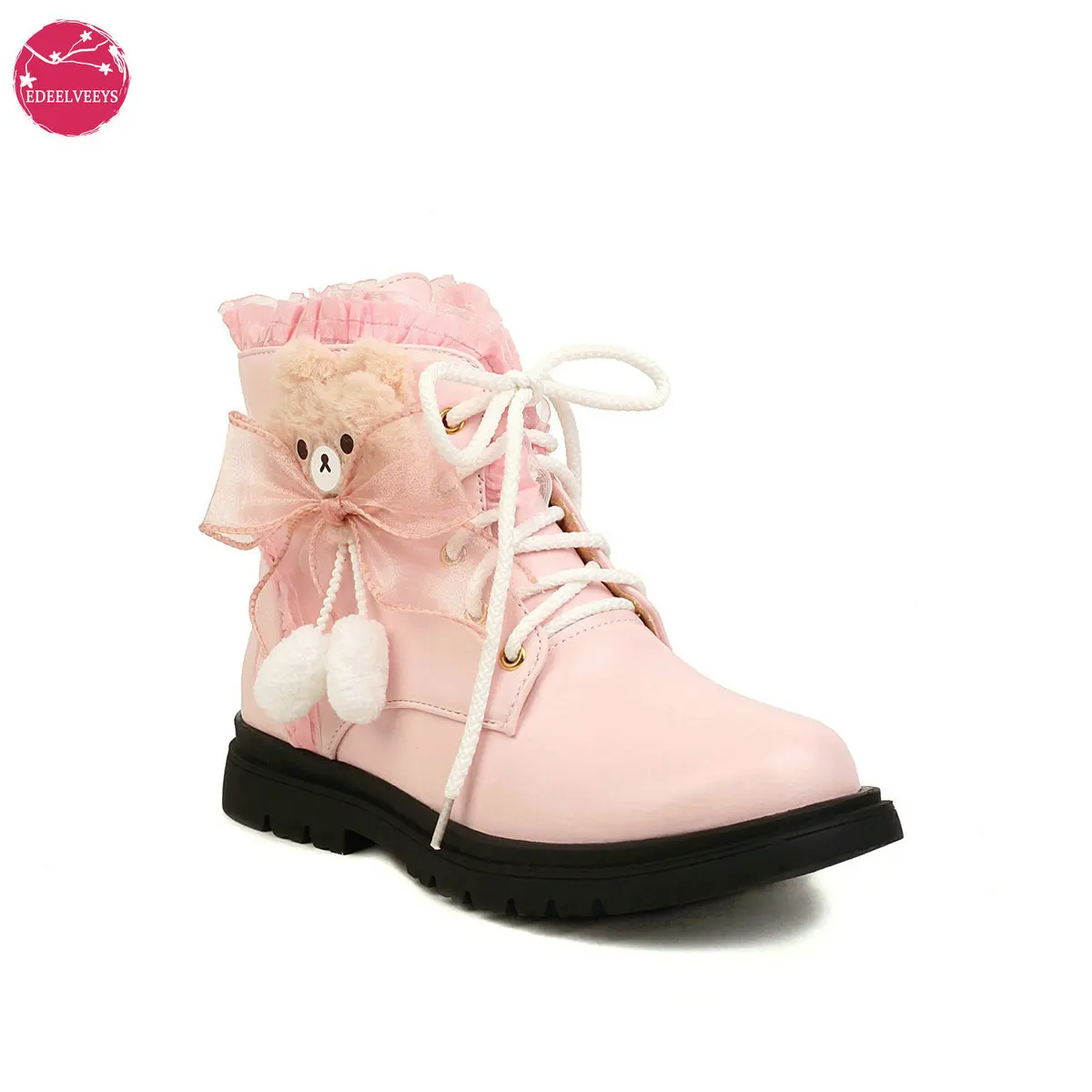 

Lolita Ankle Boots Short Plush Inner Women Round Toe Thick Bottom Sweet Puppets Doll Kawaii Pom Poms Jk Cartoon Shoes Side Zip