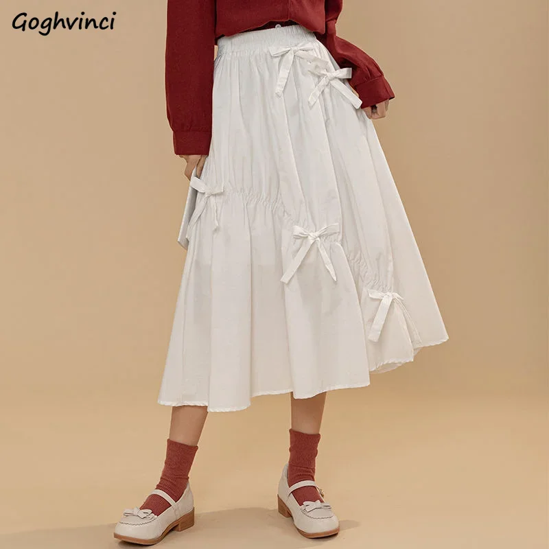 

Midi Skirts for Women Sweet Bow Spring Loose Design Girlish A-line All-match Ulzzang Style Fashion Daily Solid Faldas Largas Ins