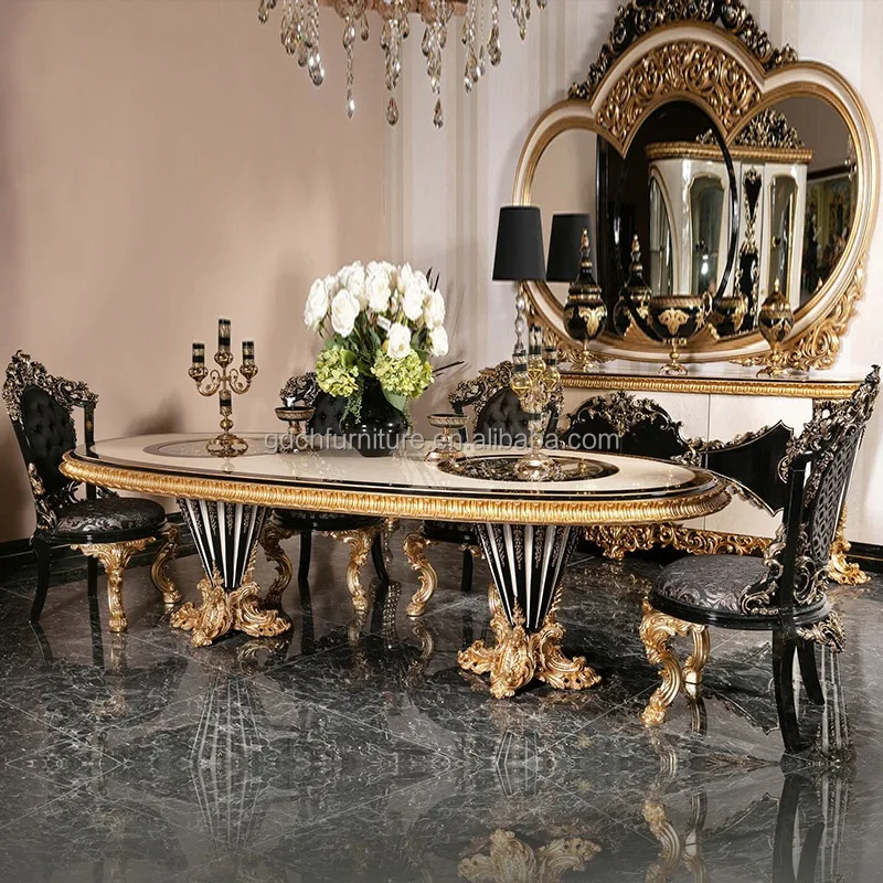 European Royal French Classical Solid Wood Carved 6-Seater Dining Table with Chair Oval Traditional Dining Room Furniture Sets