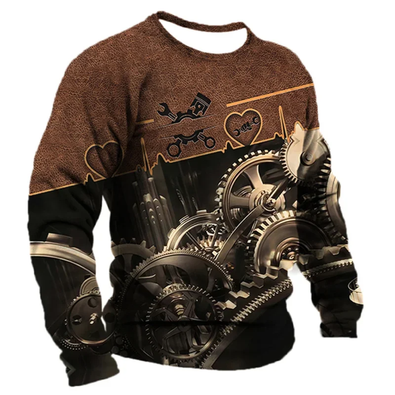 

Retro Pattern T Shirt For Men Mechanic 3D Printed Tees Summer Casual Long Sleeves Sports Oversized T-Shirts Round Neck Tops