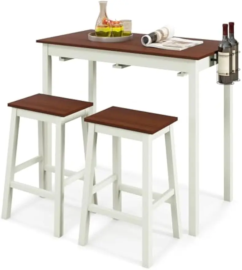 3-Piece Bar Table Set, Counter Height Pub Table and 2 Stools, Dinette Set with 2 Wine Holders, Wooden Legs, Space-Saving Dining