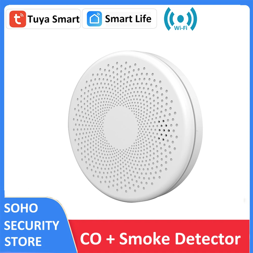 Tuya-Sensor de humo CO 2 en 1, Detector de monóxido de carbono, alarma integrada de 85dB, alerta de sonido, indicador LED, seguridad del hogar, protección contra incendios