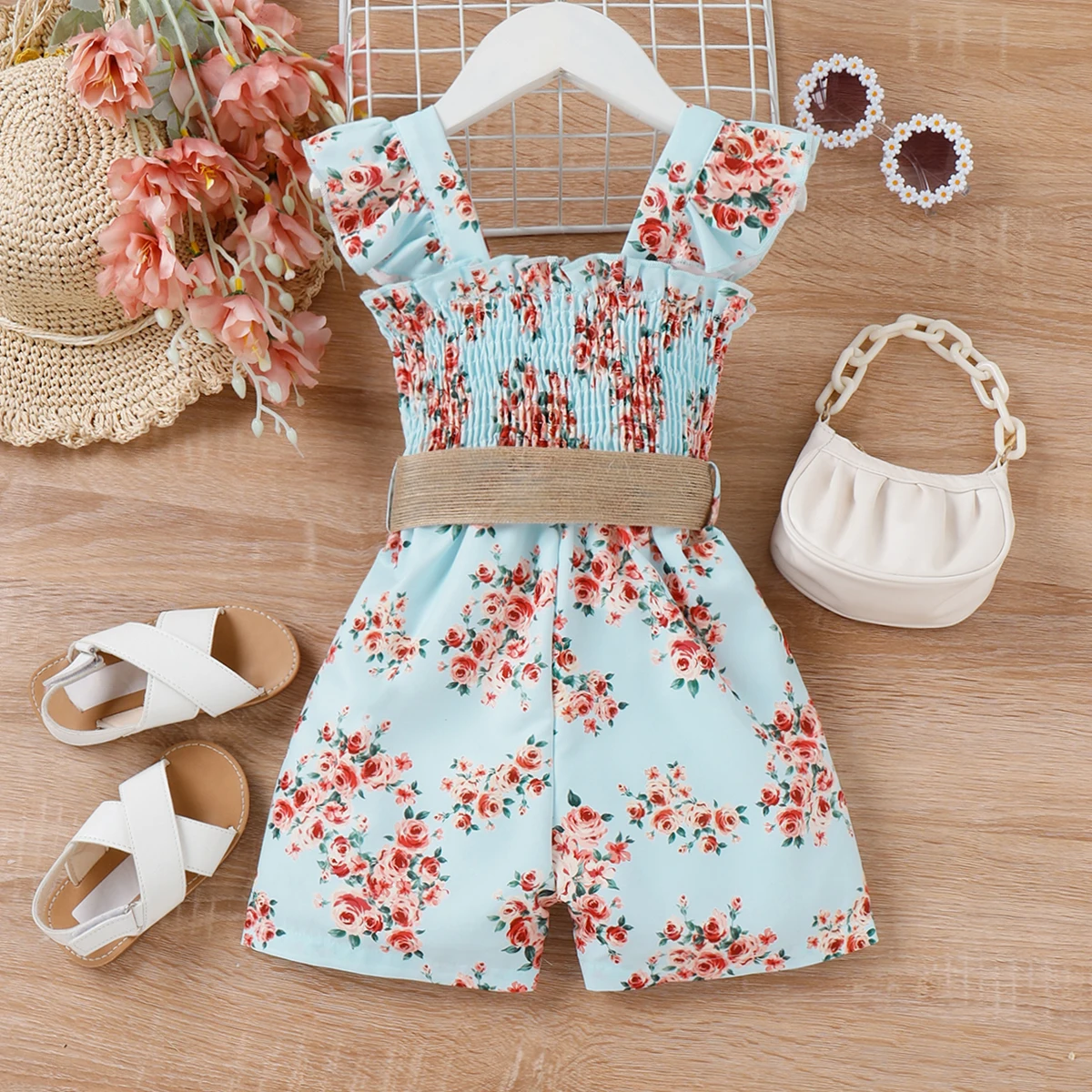 PatPat 2pcs Toddler Girl Sweet Floral Print Smocked Sleeveless Rompers and Belt