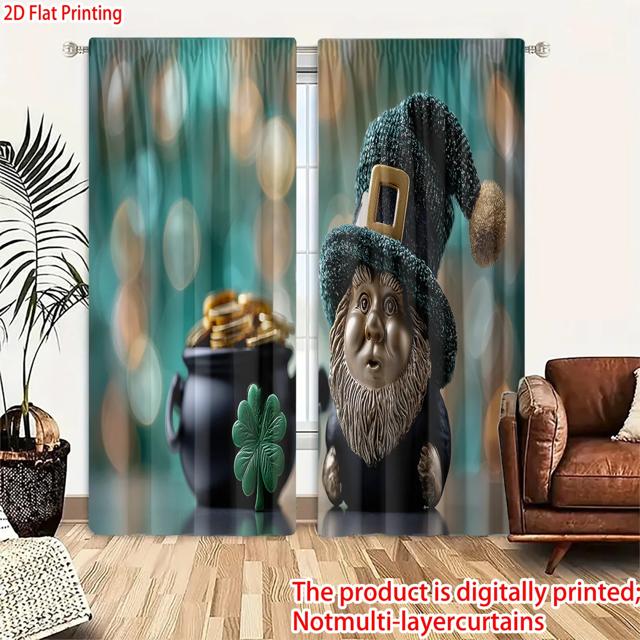 Funny Leprechaun Curtains, St Patrick's Day Pot of Gold Print Drapes, Irish Theme Decor for Living Room Bedroom Window Treatment