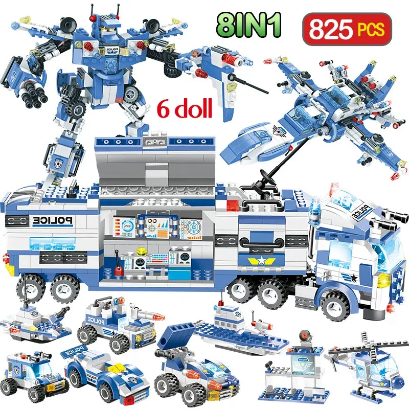 

MOC 647pcs 8in1 Robot Aircraft Car Plane Police Swat Mobile Command Vehicle Helicopter 8 Dolls Weapon Boy Building Blocks Toy Gi