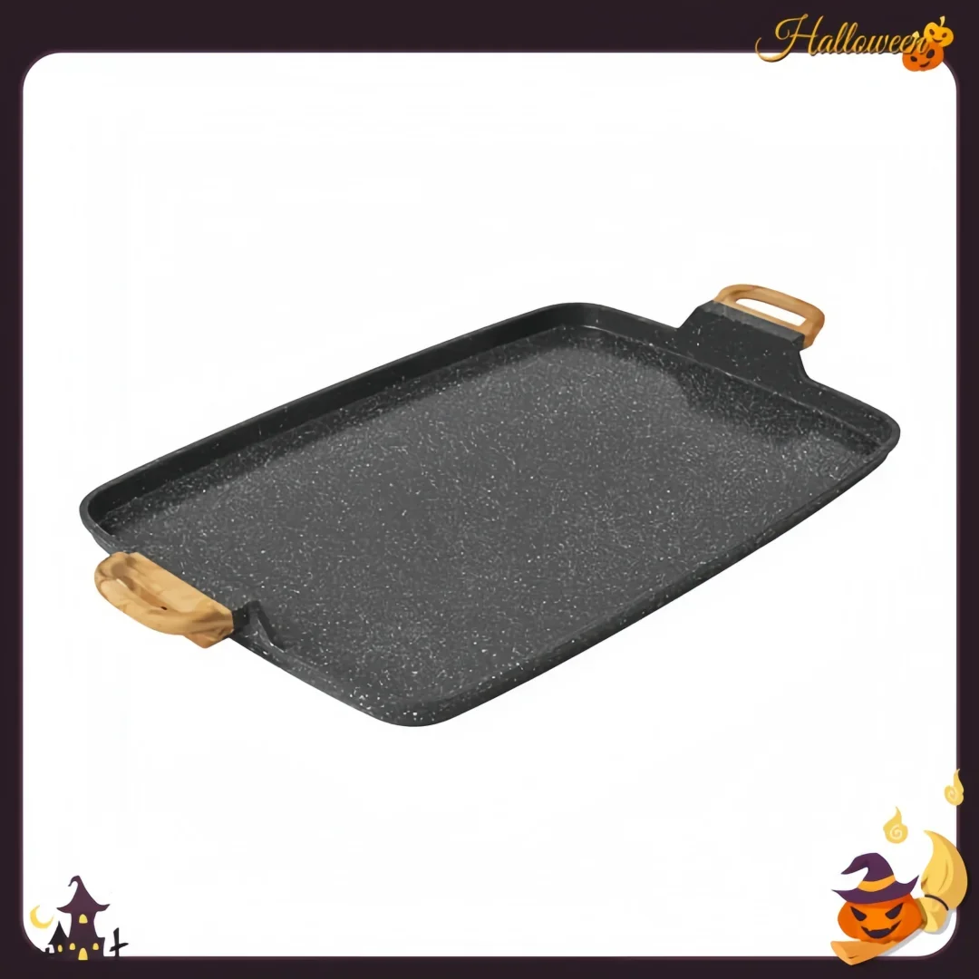 

Литая алюминиевая сковорода с антипригарным покрытием и бортовыми пятнами, идеально подходит для приготовления пищи на открытом воздухе и походных повара.