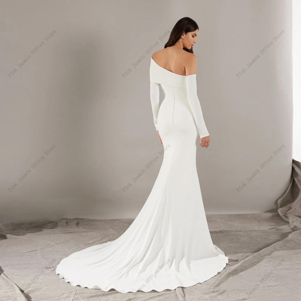 Simple Strapless Wedding Dresses Asymmetrical Neckline Long Sleeves Bridal Grown Sweep Jersey Mermaid Vestidos De Novia 2024