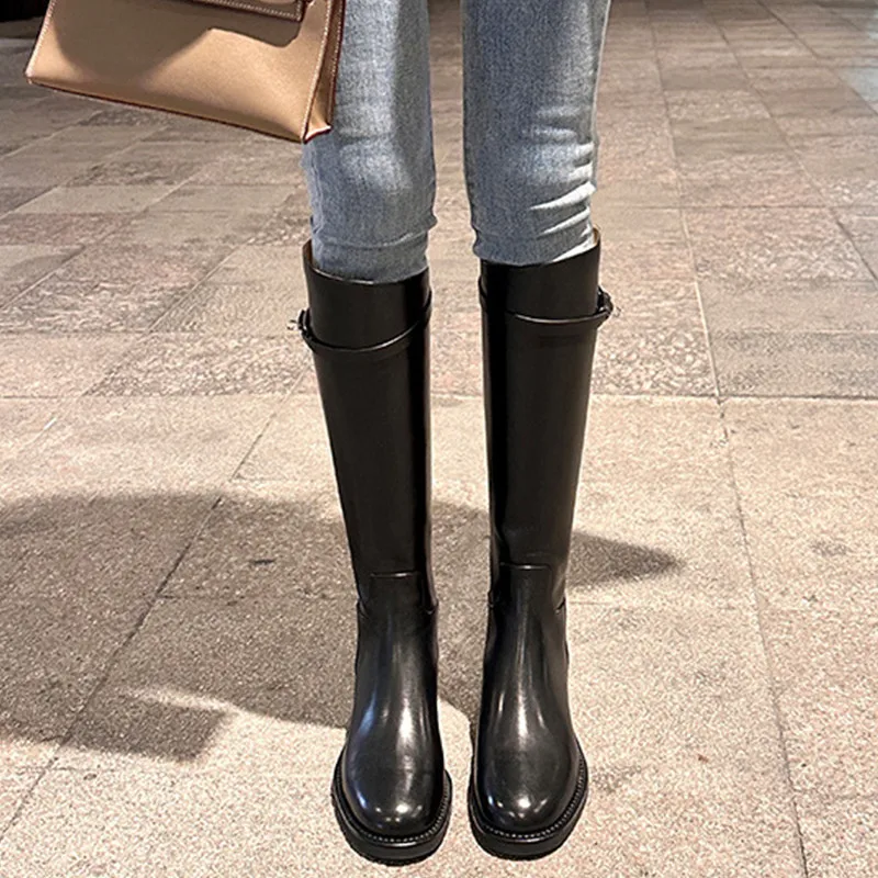 Women\'s Long Boots Female Spring Winter Warm Thicked Bottom Shoes Fashion Ladies Leather Shoes Knee High Casual Boots Black