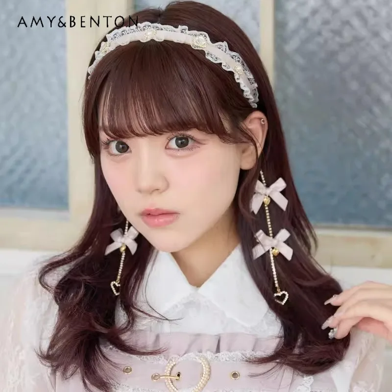 

Japanese Sweet Lolita Lace Rhinestone Pendant Bow Heavy Headband Cute Elegant Fairy Style Hair Accessories Princess Hair Bands