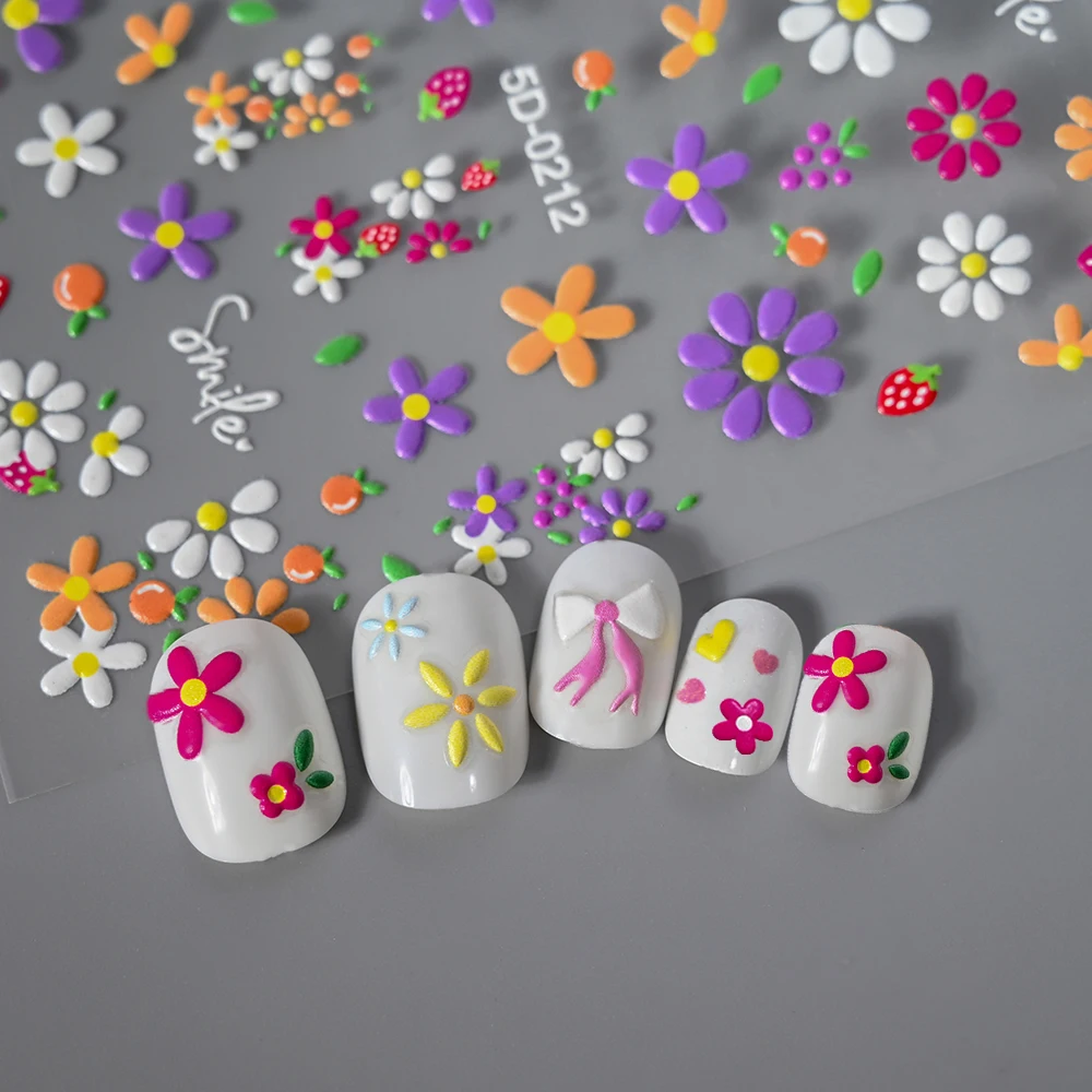 5D Embossed Five-Petal Flowers Nails Stickers Cute Daisy Florals Chistmas Decak Colorful Kawaii Girl Manicure Slider