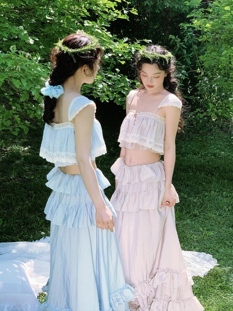 ReddaChic 2-piece Crop Top Cake Skirt Women Set Vacation Button Front Fly Sleeve Camisole Ruffle Maxi Skirt Cutecore Beachwear