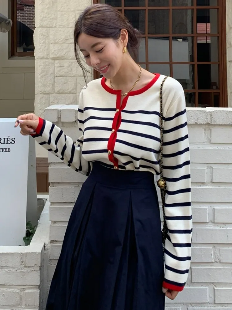 Chaqueta de punto clásica Vintage otoñal e para mujer con borde de bloque de Color y ropa de abrigo a rayas de manga l...