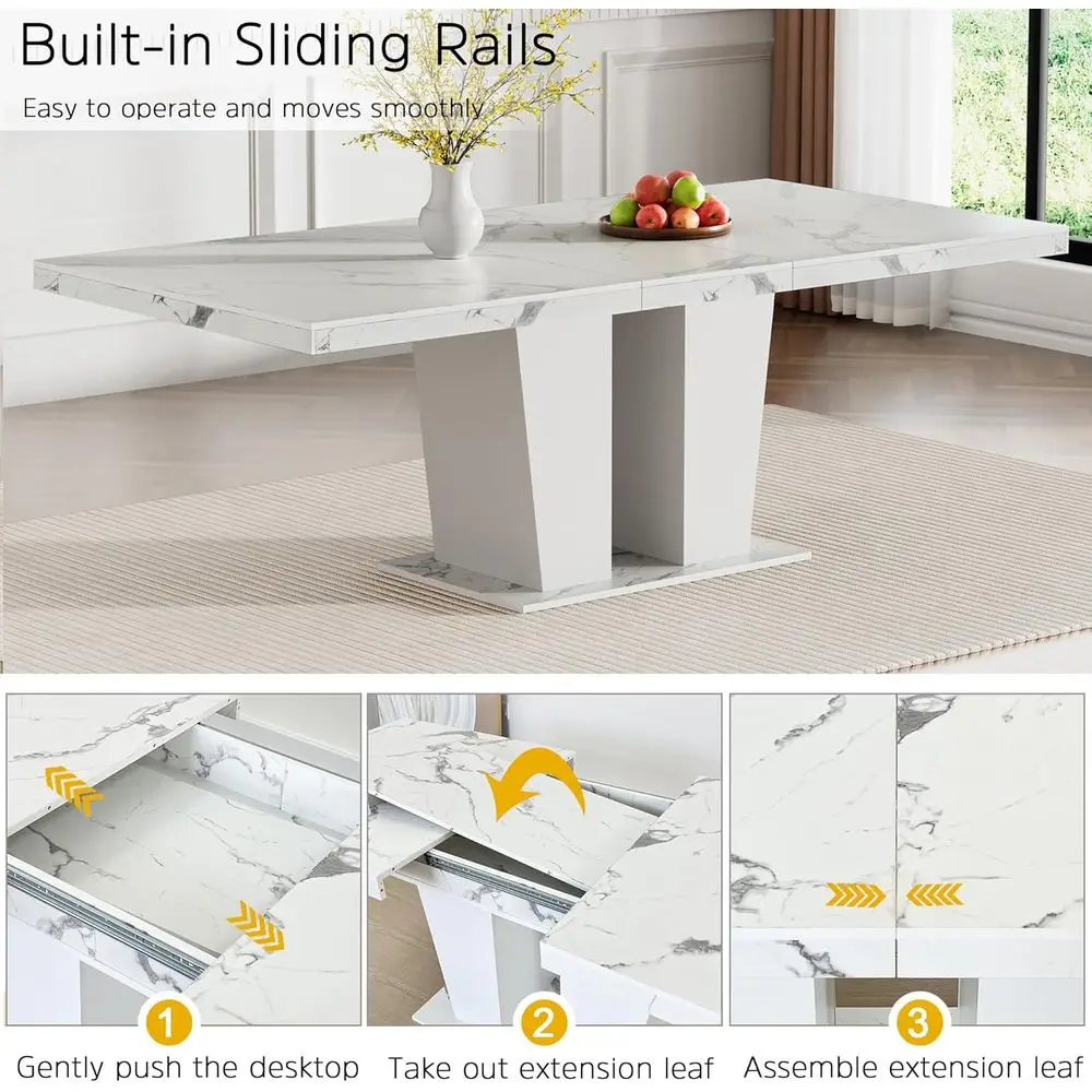 طاولة طعام رخامية كبيرة قابلة للتوسيع تتسع لـ 6-10 أشخاص مع قاعدة خشبية مزدوجة العمود #3