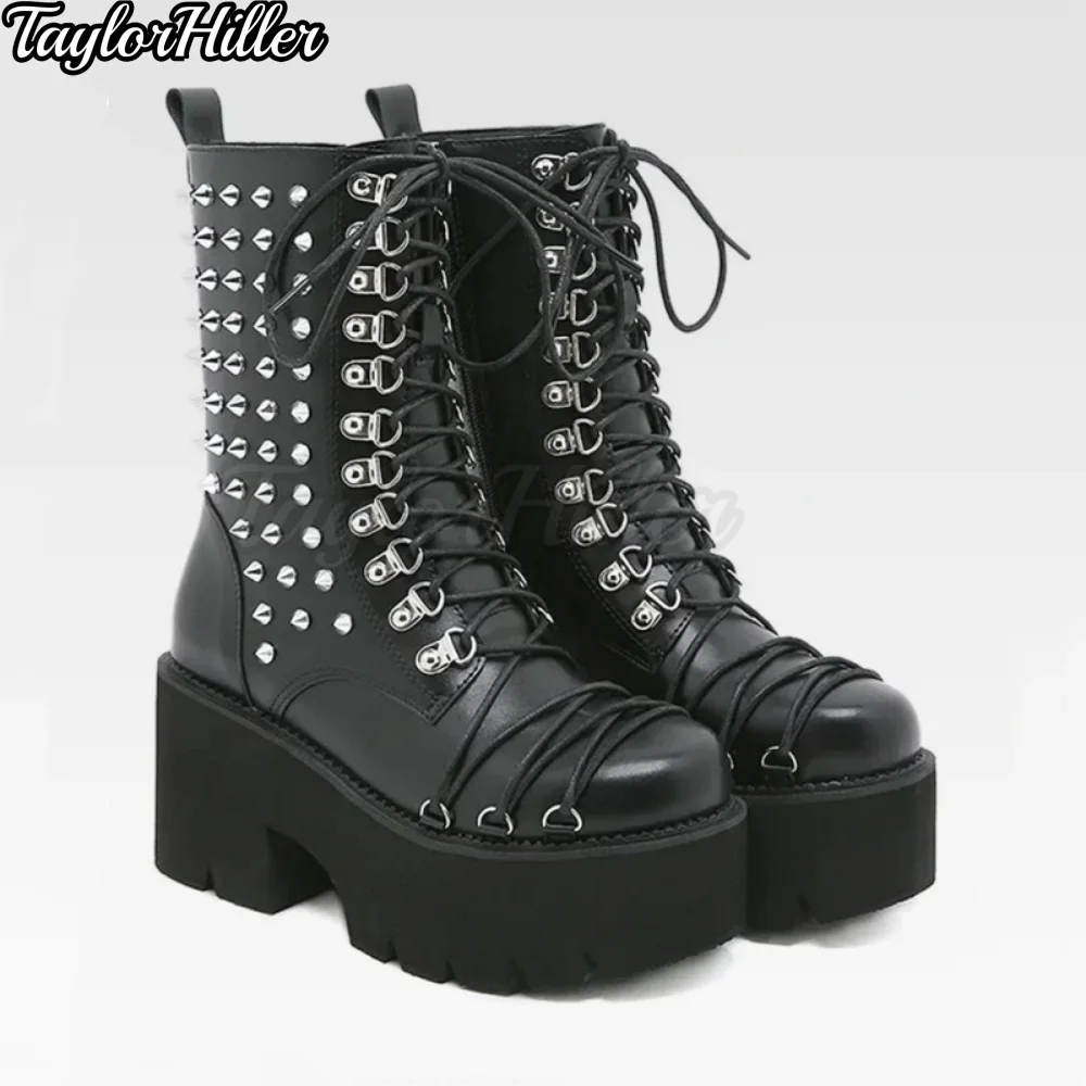 

Gothic Style Metal Rivets Decor Boots Platform Thick Sole Round Toe Lace Up Booties Halloween Punk Rock Style Short Botas 2026