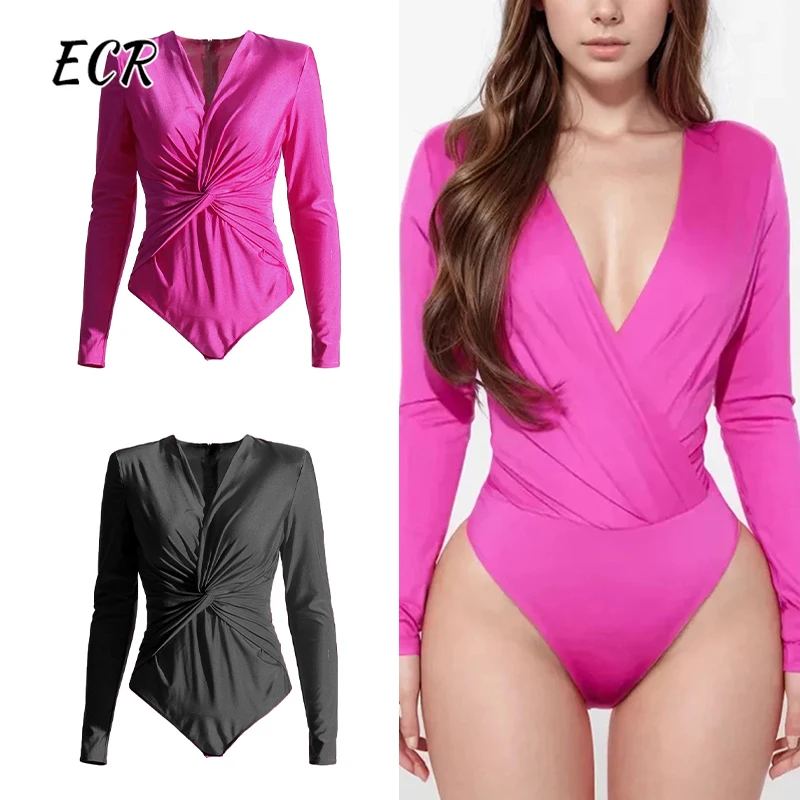 

ECR Solid Patchwork Folds Slimming Jumpsuit For Women V Neck Long Sleeve High Waist Spliced Zipper Sexy Jumpsuits Female Fashion