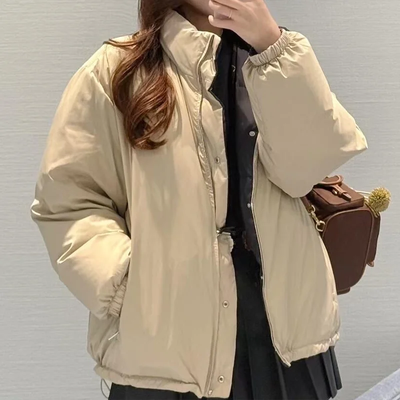 高品質の女性用ツートンカラーのリバーシブルコットンコート、ジッパー、シングルボタン、スタンドカラー、ホワイトグースダウンジャケット 25919143