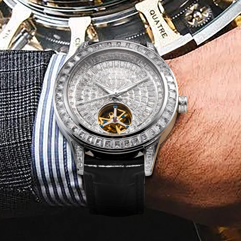 2024 Nieuwe Haemmer Jacob Diamond Face Tourbillon Mechanisch Herenhorloge Heren Echt Leer Lichtgevend Waterdicht Mechanisch W