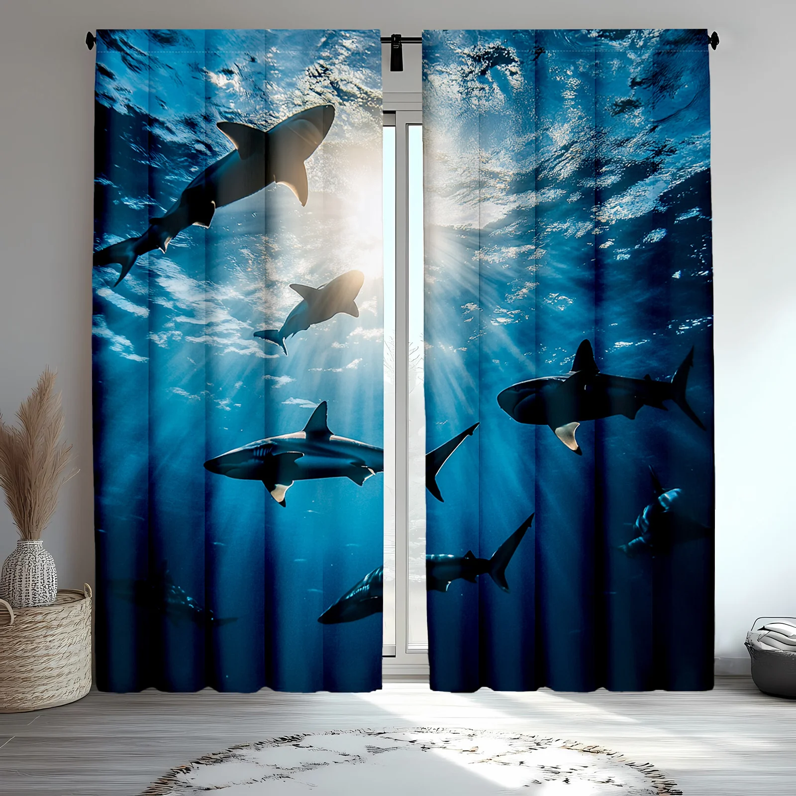 Blue Ocean Shark Curtain Underwater Marine Coastal Shower Curtain Bathroom Window Decor Tropical Nautical Beach Style Drapery