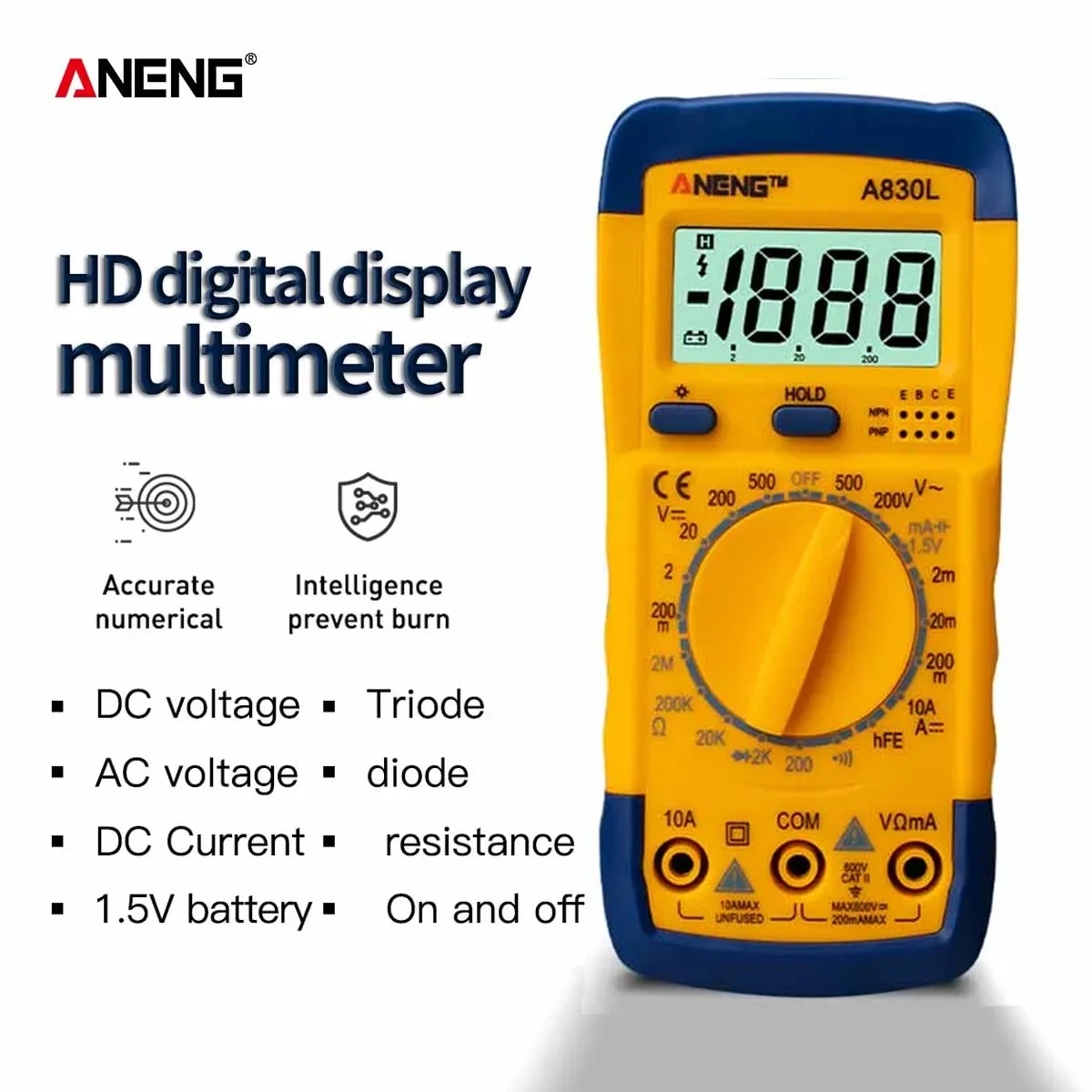 ANENG A830L Digital Multimeter LCD Backlight Voltmeter Ammeter Resistance Diode Tester Data Hold Handheld Electrical Repair Tool