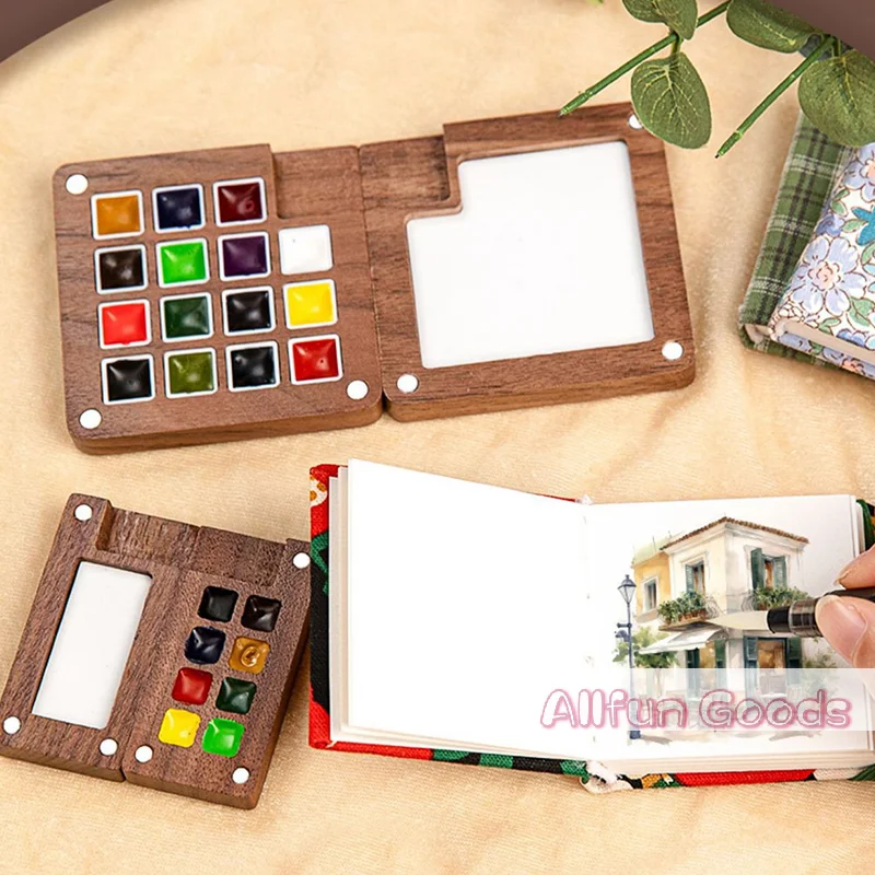 Mini Walnut Wood Watercolor Palette Portable Paint Box With Clip Travel Painting Paint Tray Art Supplies Sketchbook Palette
