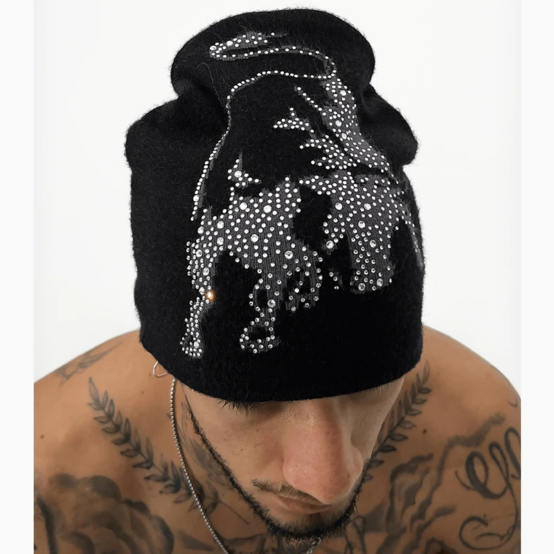 American high street ins style winter new windproof warm knit hat personality street fashion rhinestone design cold hat.